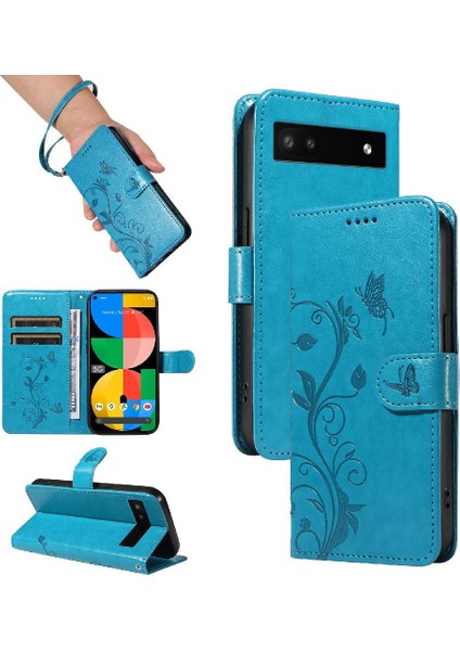 El Kayışı ve Kart Yuvası Kabartmalı Kelebek ile Google Pixel 6A Için Kılıf (Yurt Dışından)