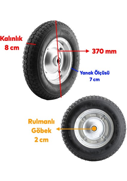 El Arabası Yük Taşıma Tekeri Siboplu Bilyeli Rulmanlı Havalı Dublex 370X80 mm Çelik Jant Tekerlek