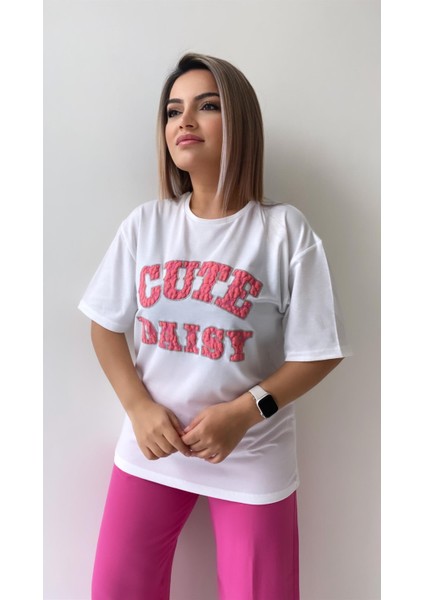 Kabartmalı Cute Daisy Tişört Ekru Pembe