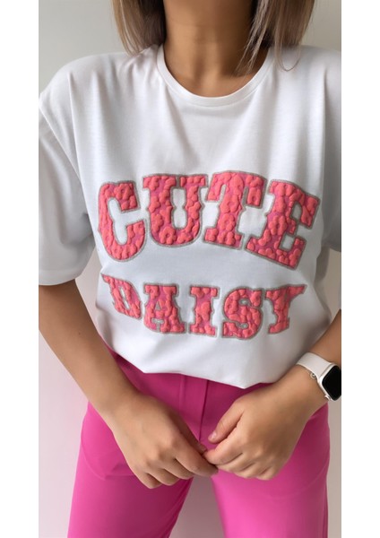 Kabartmalı Cute Daisy Tişört Ekru Pembe fiyatları