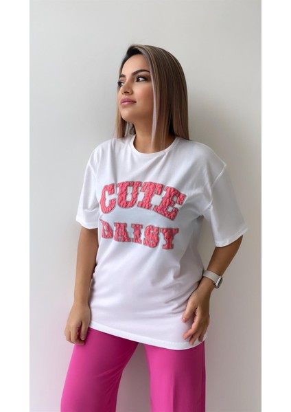 Kabartmalı Cute Daisy Tişört Ekru Pembe fırsatları