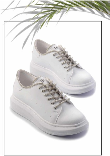 Beyaz Lame Taşlı Kadın Sneaker K01449057609