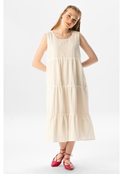 Kolsuz Şile Bezi Şule Midi Boy Fırfır Detaylı Yazlık Elbise Krem Krm