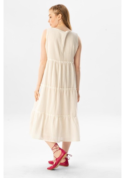 Kolsuz Şile Bezi Şule Midi Boy Fırfır Detaylı Yazlık Elbise Krem Krm fiyatları