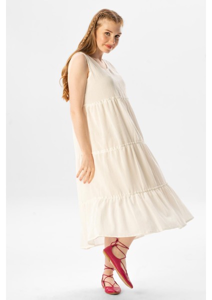 Kolsuz Şile Bezi Şule Midi Boy Fırfır Detaylı Yazlık Elbise Krem Krm fırsatları