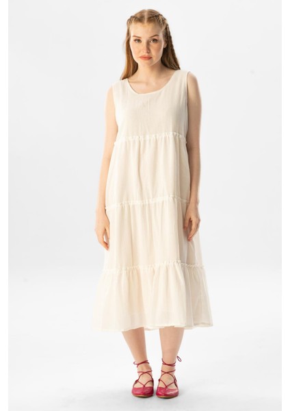 Kolsuz Şile Bezi Şule Midi Boy Fırfır Detaylı Yazlık Elbise Krem Krm indirimleri