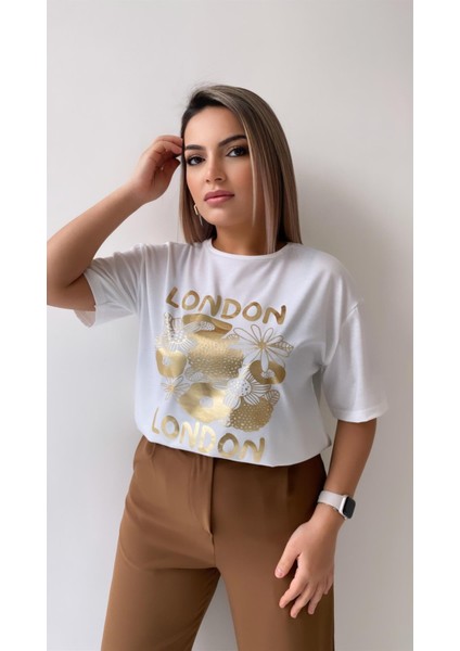London Varak Baskılı Tişört Ekru