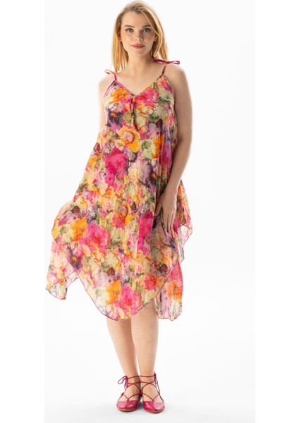 Askılı Vual Afrodit Midi Boy Yazlık Elbise Batik Pembe 6211