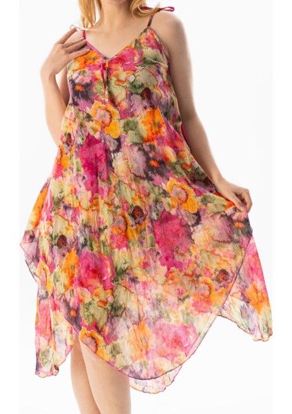 Askılı Vual Afrodit Midi Boy Yazlık Elbise Batik Pembe 6211 modelleri