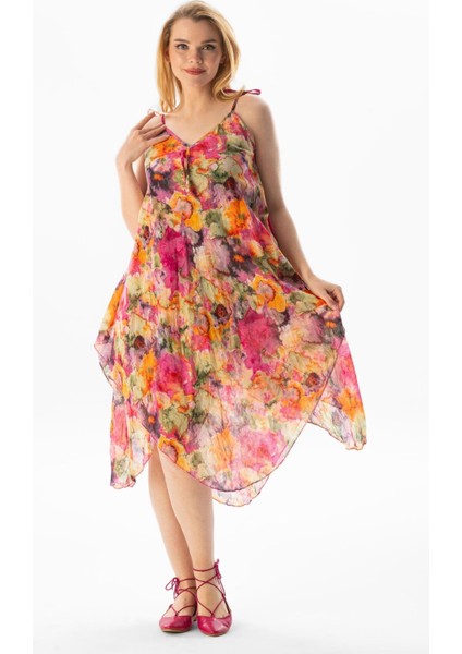 Askılı Vual Afrodit Midi Boy Yazlık Elbise Batik Pembe 6211 fırsatları