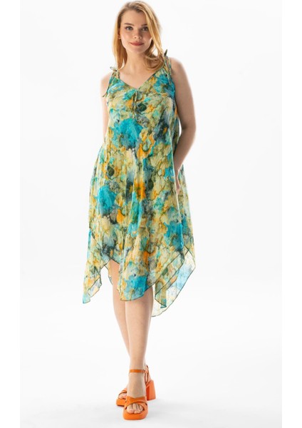Askılı Vual Afrodit Midi Boy Yazlık Elbise Batik Turkuaz 6212