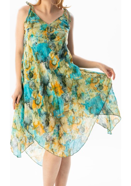 Askılı Vual Afrodit Midi Boy Yazlık Elbise Batik Turkuaz 6212 modelleri