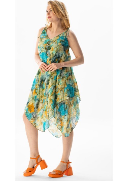 Askılı Vual Afrodit Midi Boy Yazlık Elbise Batik Turkuaz 6212 fırsatları