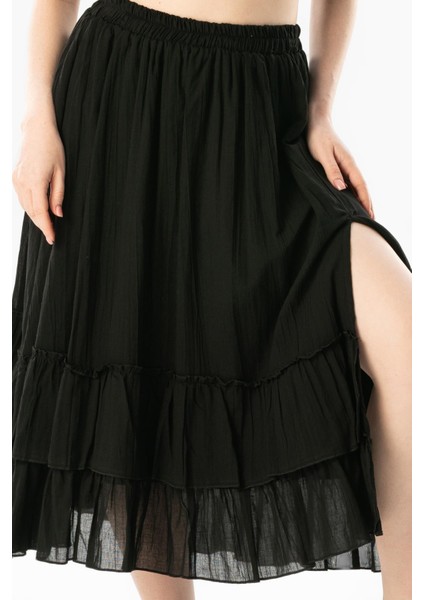 Lavinya Beli Lastikli Vual Uzun Yazlık Etek Siyah Syh modelleri