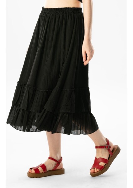 Lavinya Beli Lastikli Vual Uzun Yazlık Etek Siyah Syh fırsatları