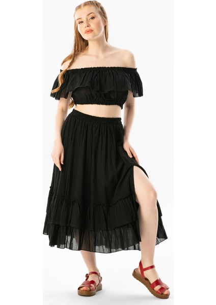 Lavinya Beli Lastikli Vual Uzun Yazlık Etek Siyah Syh indirimleri