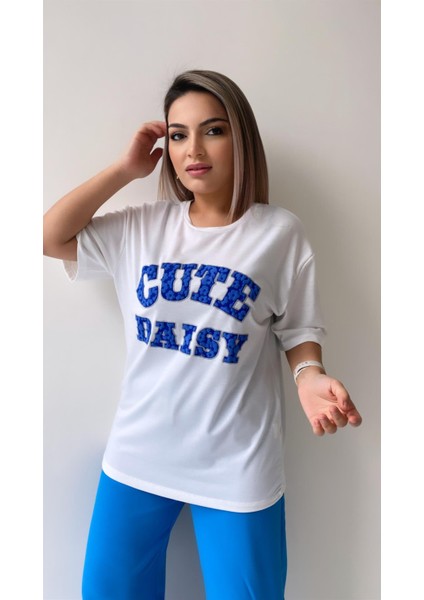 Kabartmalı Cute Daisy Tişört Ekru Mavi