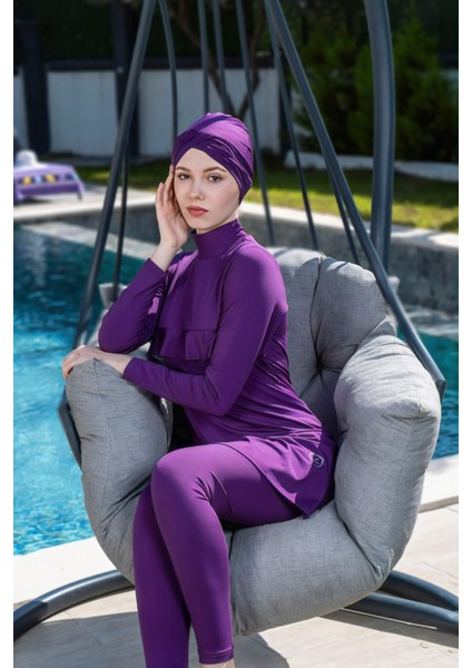 Mor Düz Uzun Kollu Fırfırlı Pileli Takım Tam Tesettür Mayo