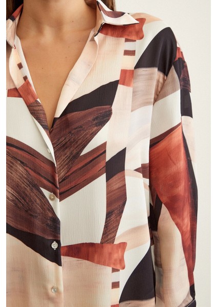 Desenli V Yaka Gömlek Kahve modelleri