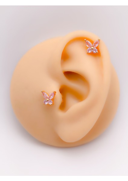 Cerrahi Çelik Piercing Pembe Zirkon Taşlı Kelebek Figürlü Kıkırdak Helix Tragus PIERCING(1ADET)