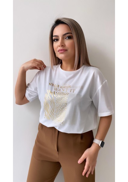 If You Want It Varak Baskılı Tişört Ekru