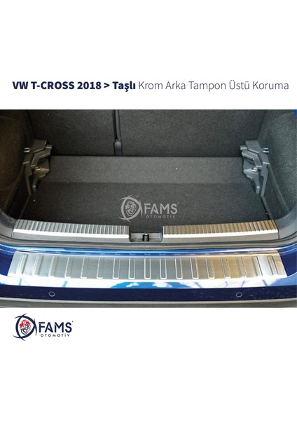 Vw T-Cross Krom Arka Tampon Üstü Koruma 2018> Paslanmaz Çelik Taşlı