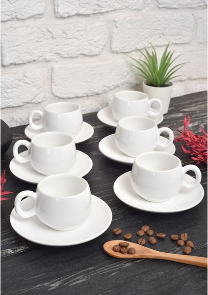 12 Parça Fincan Takımı | 6 Kişilik Fincan Seti | Beyaz Tombul Model