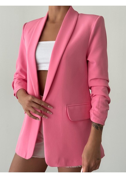 Seda Fidan Butik Kolu Büzgülü Blazer Ceket Şeker Pembe