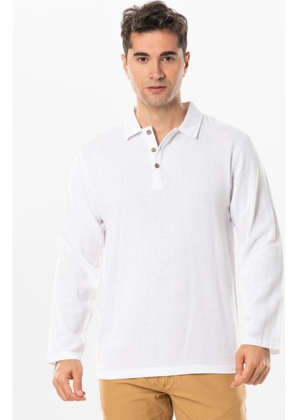 Uzun Kol Foça Violet Erkek Yazlık Tshirt Beyaz Byz