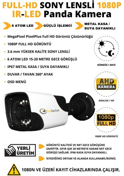 Elitecamtech 10 Kameralı Metal Panda Kasa Sony Lensli 1080P Full Hd Gece Görüşlü Kamera Seti 250GB Hard Disk -10P