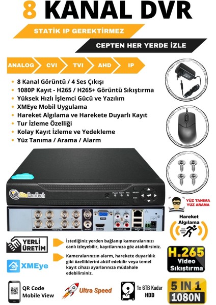 Elitecamtech 5 Kameralı Metal Uzay Kasa Sony Lensli 1080P Full Hd Gece Görüşlü Kamera Seti 250GB Hard Disk -5u