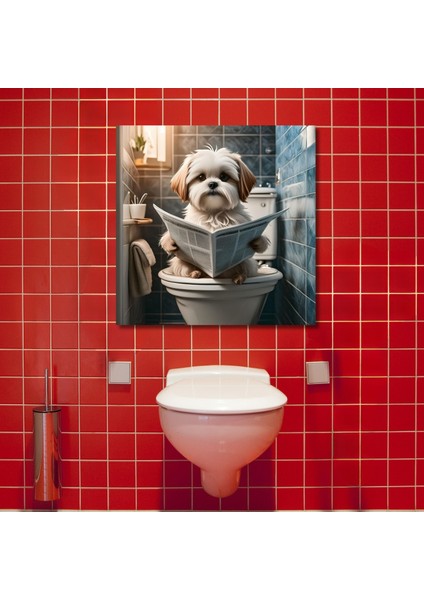 Tekli Kare Kanvas Banyo Tablosu Gazete Okuyan Shih Tzu Köpek