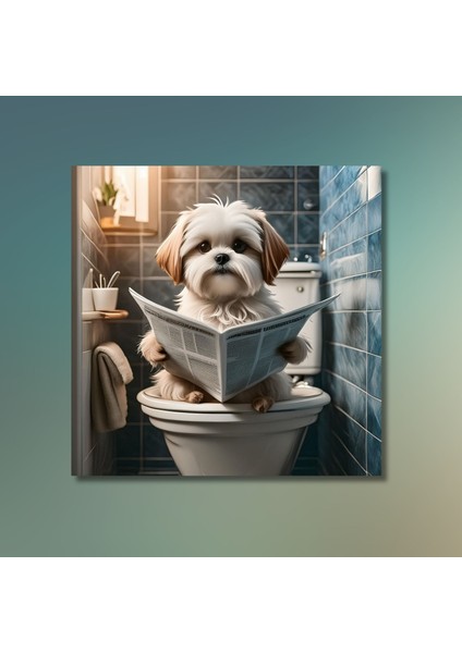 Tekli Kare Kanvas Banyo Tablosu Gazete Okuyan Shih Tzu Köpek modelleri