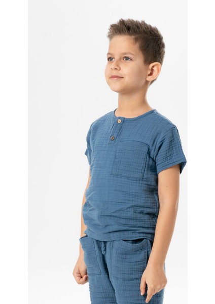 Kısa Kol Batı Cep Detaylı Yazlık Müslin Erkek Çocuk Tshirt Indigo Indg