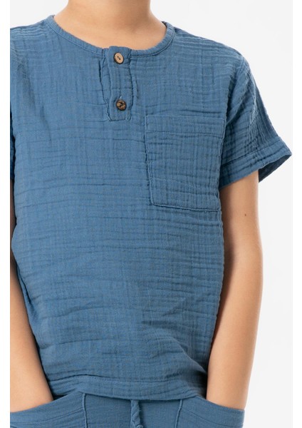 Kısa Kol Batı Cep Detaylı Yazlık Müslin Erkek Çocuk Tshirt Indigo Indg