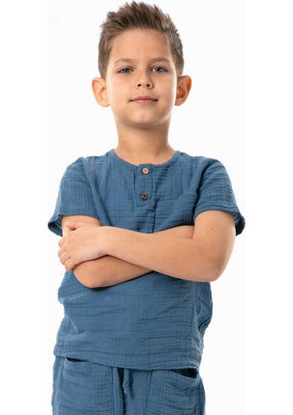 Kısa Kol Batı Cep Detaylı Yazlık Müslin Erkek Çocuk Tshirt Indigo Indg