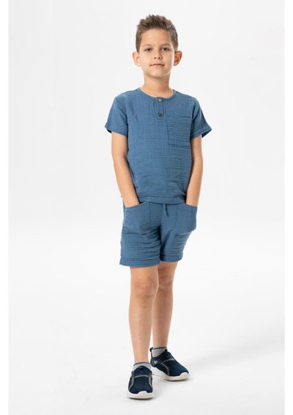 Kısa Kol Batı Cep Detaylı Yazlık Müslin Erkek Çocuk Tshirt Indigo Indg