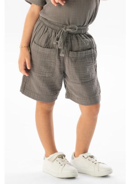 Batı Cep Detaylı Yazlık Müslin Kız Çocuk Şort Gri Gri