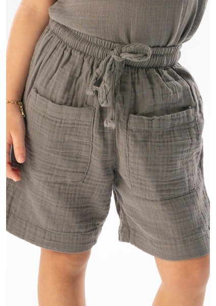 Batı Cep Detaylı Yazlık Müslin Kız Çocuk Şort Gri Gri modelleri