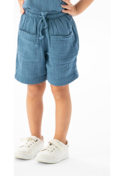 Batı Cep Detaylı Yazlık Müslin Kız Çocuk Şort İndigo indg