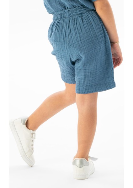 Batı Cep Detaylı Yazlık Müslin Kız Çocuk Şort İndigo indg fiyatları