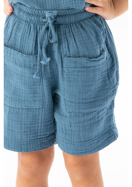 Batı Cep Detaylı Yazlık Müslin Kız Çocuk Şort İndigo indg modelleri