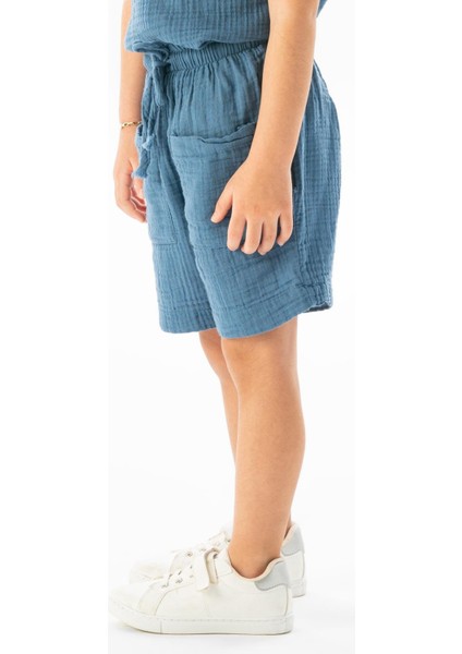 Batı Cep Detaylı Yazlık Müslin Kız Çocuk Şort İndigo indg fırsatları