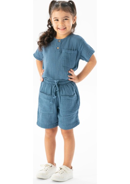 Batı Cep Detaylı Yazlık Müslin Kız Çocuk Şort İndigo indg indirimleri
