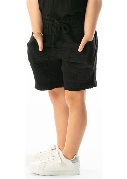 Batı Cep Detaylı Yazlık Müslin Kız Çocuk Şort Siyah Syh fırsatları
