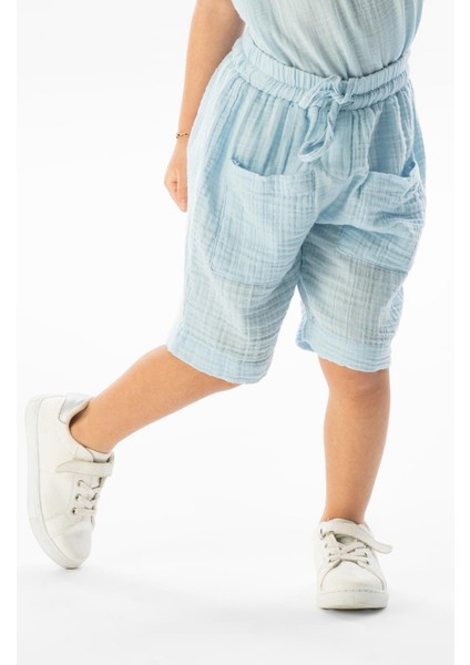 Batı Cep Detaylı Yazlık Müslin Kız Çocuk Şort Buz Mavi Bmv