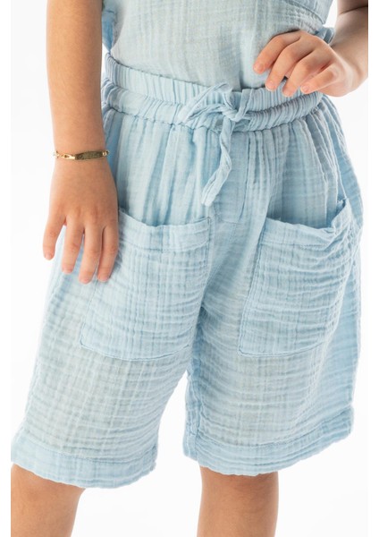 Batı Cep Detaylı Yazlık Müslin Kız Çocuk Şort Buz Mavi Bmv modelleri