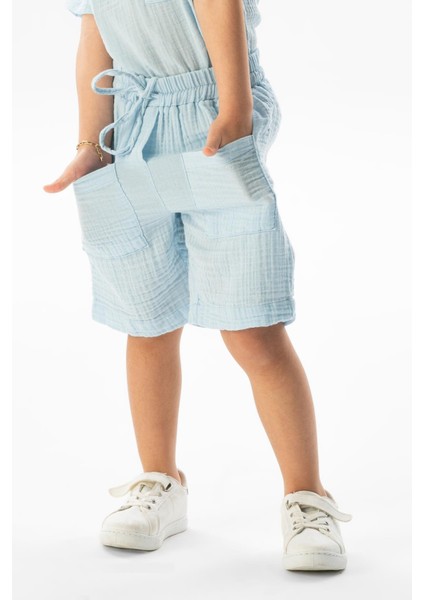 Batı Cep Detaylı Yazlık Müslin Kız Çocuk Şort Buz Mavi Bmv fırsatları