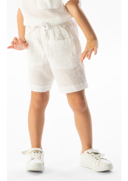 Batı Cep Detaylı Yazlık Müslin Kız Çocuk Şort Beyaz Byz