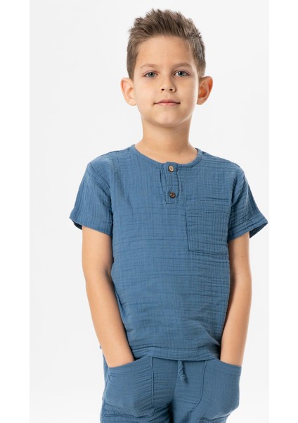 Kısa Kol Batı Cep Detaylı Yazlık Müslin Erkek Çocuk Tshirt Indigo Indg